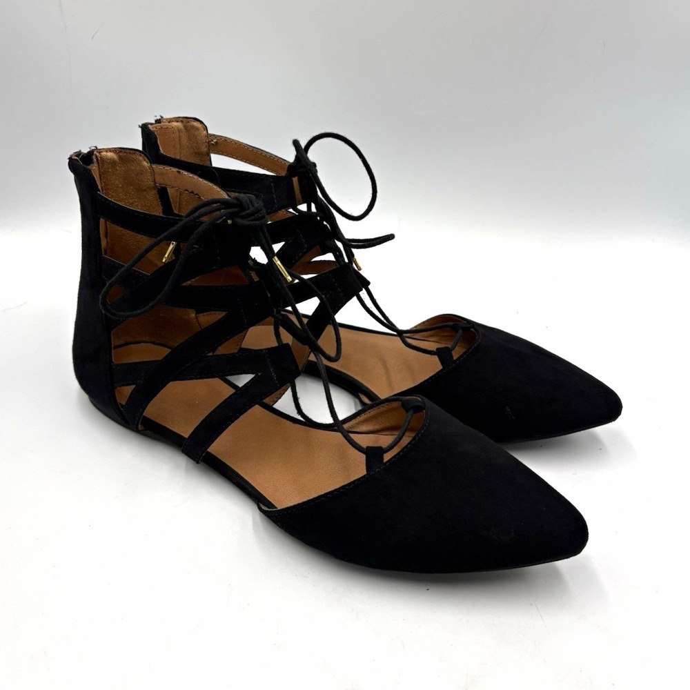 Mossimo Supply Co. Black Faux Suede Pointed Toe Lace-Up Ankle Strap Flats 9.5